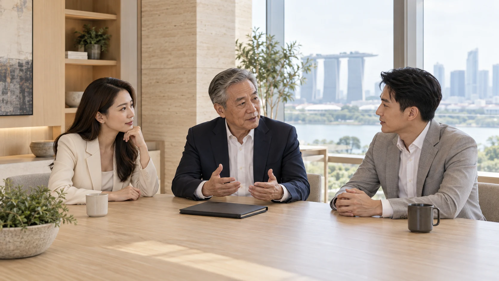 A founder in conversation with two adult children